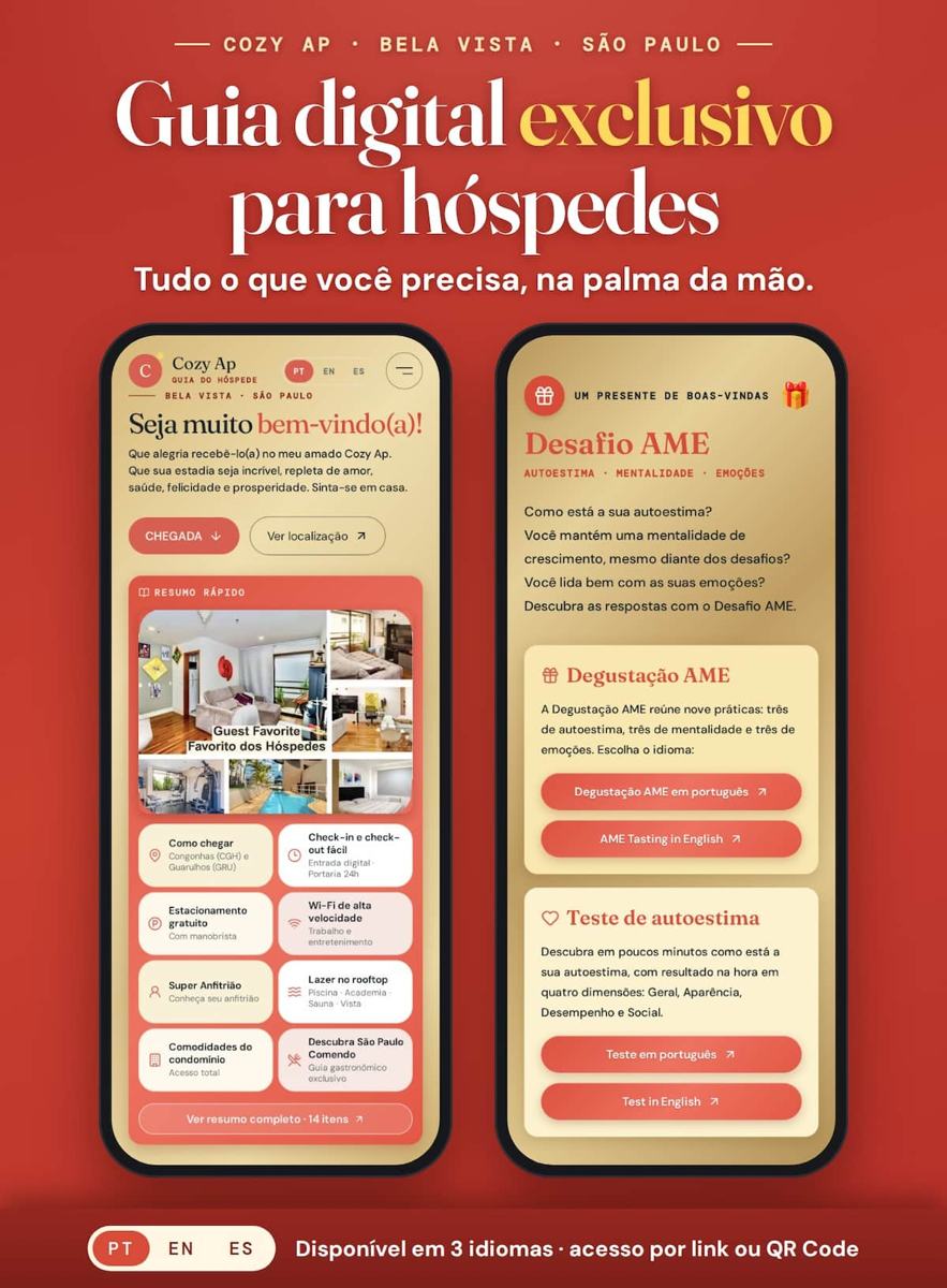 Guia digital exclusivo para hóspedes do Cozy Ap, disponível em três idiomas