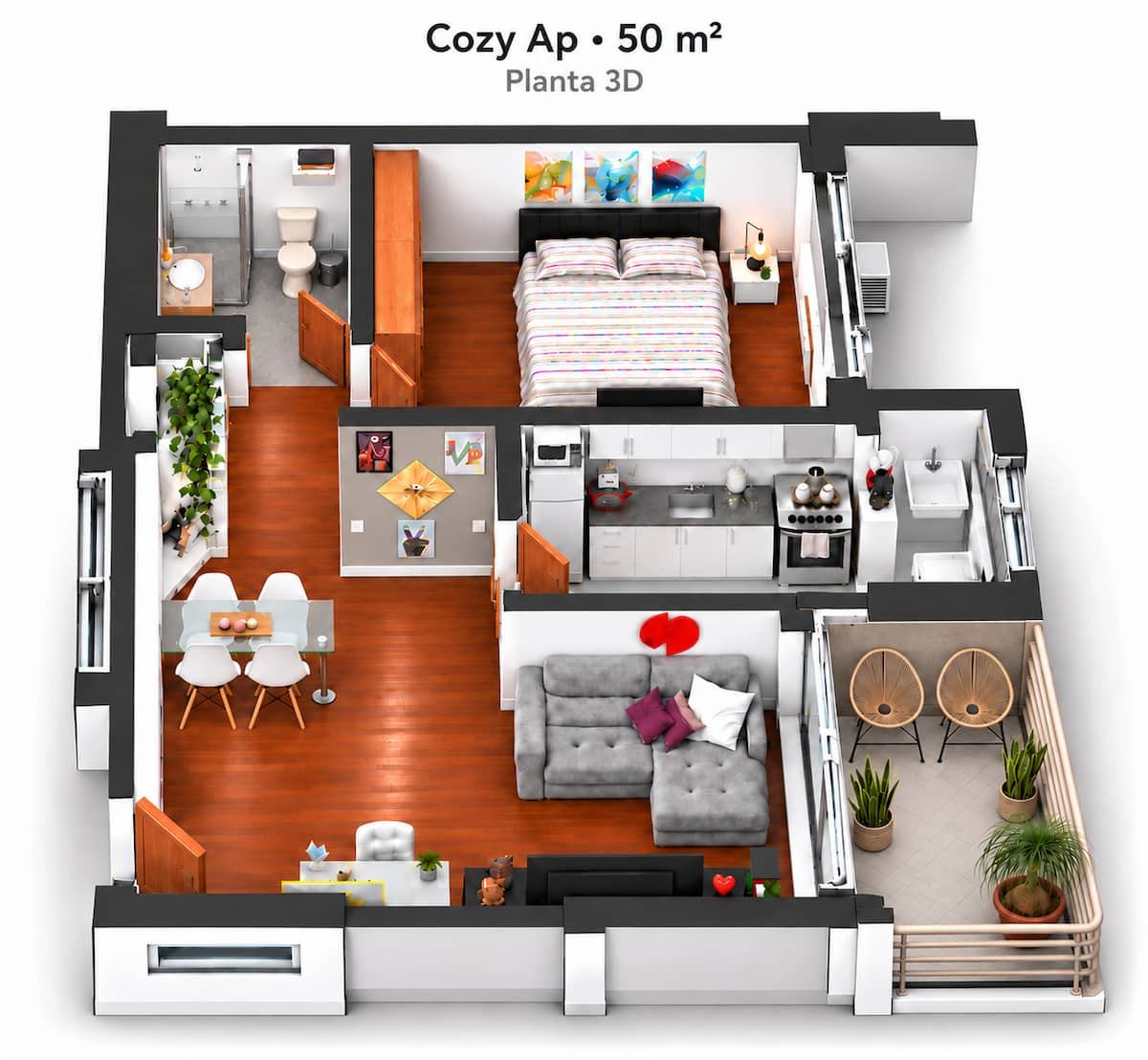 Planta 3D do apartamento de 50 m²